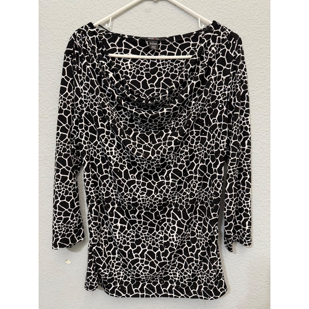 Style & Co Womens Cowl Neck Top L Sequin Geometric Print 3/4 Sleeve Black White
